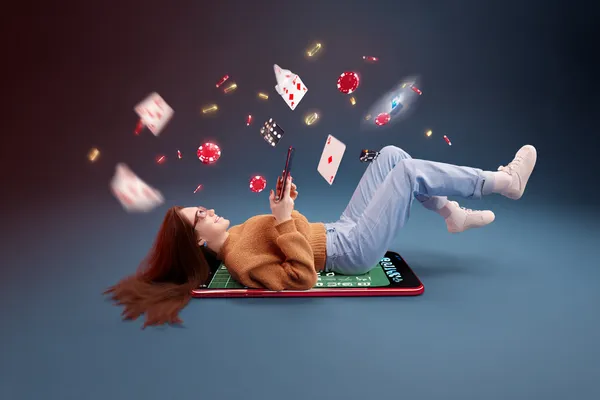 A glamorous woman holding casino chips in a neon-lit environment, representing the premium online casino atmosphere of 866JL.